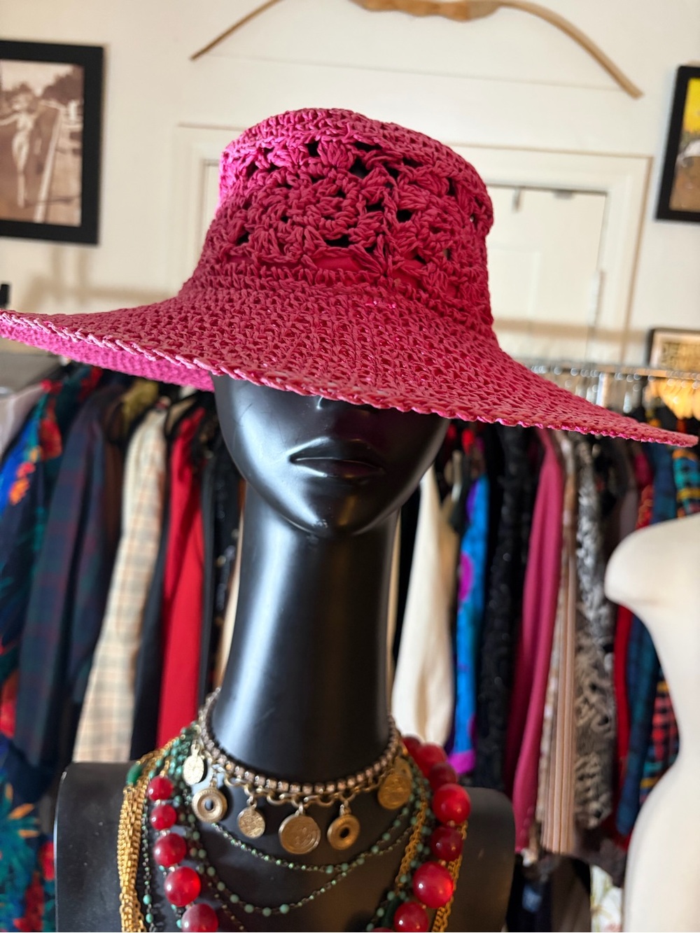 C.C Exclusives Pink Crocheted Paper Straw Floppy Sun Hat OS